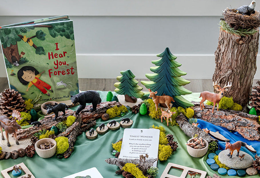 Forest Invitation to Play learning collection with wooden animals, trees, and story materials arranged in a nature-inspired scene