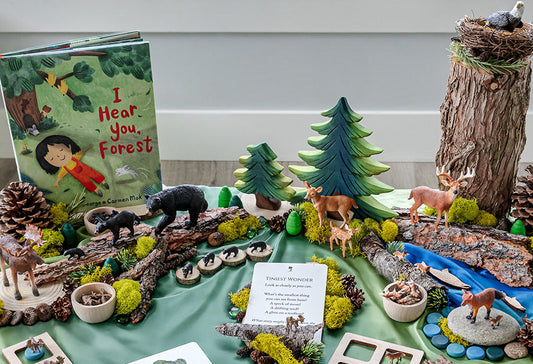 Forest Invitation to Play learning collection with wooden animals, trees, and story materials arranged in a nature-inspired scene