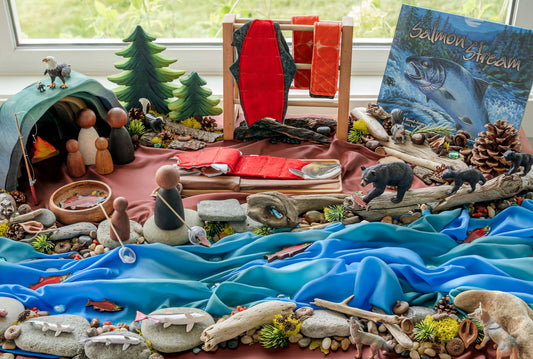 Salmon invitation to play learning set with natural materials, wooden figures, river silk, and land-based learning elements for early childhood Indigenous education