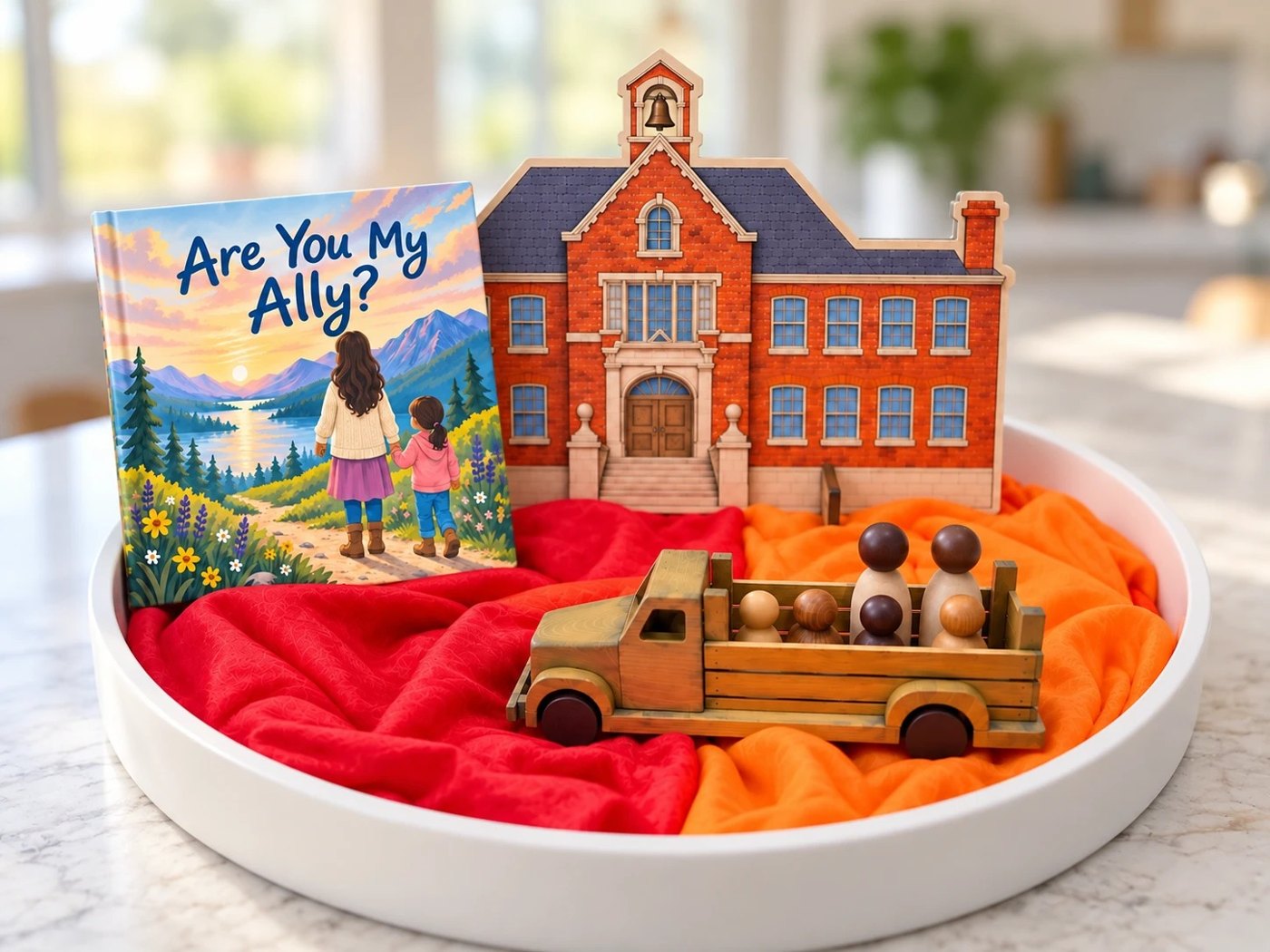 A wooden school, truck and peg figures on red and orange silks, with Are You My Ally?