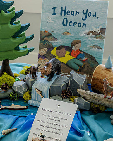 Ocean Invitation to Play learning collection with Indigenous storytelling book, wooden figures, and hands-on materials for land-based learning in early years classrooms