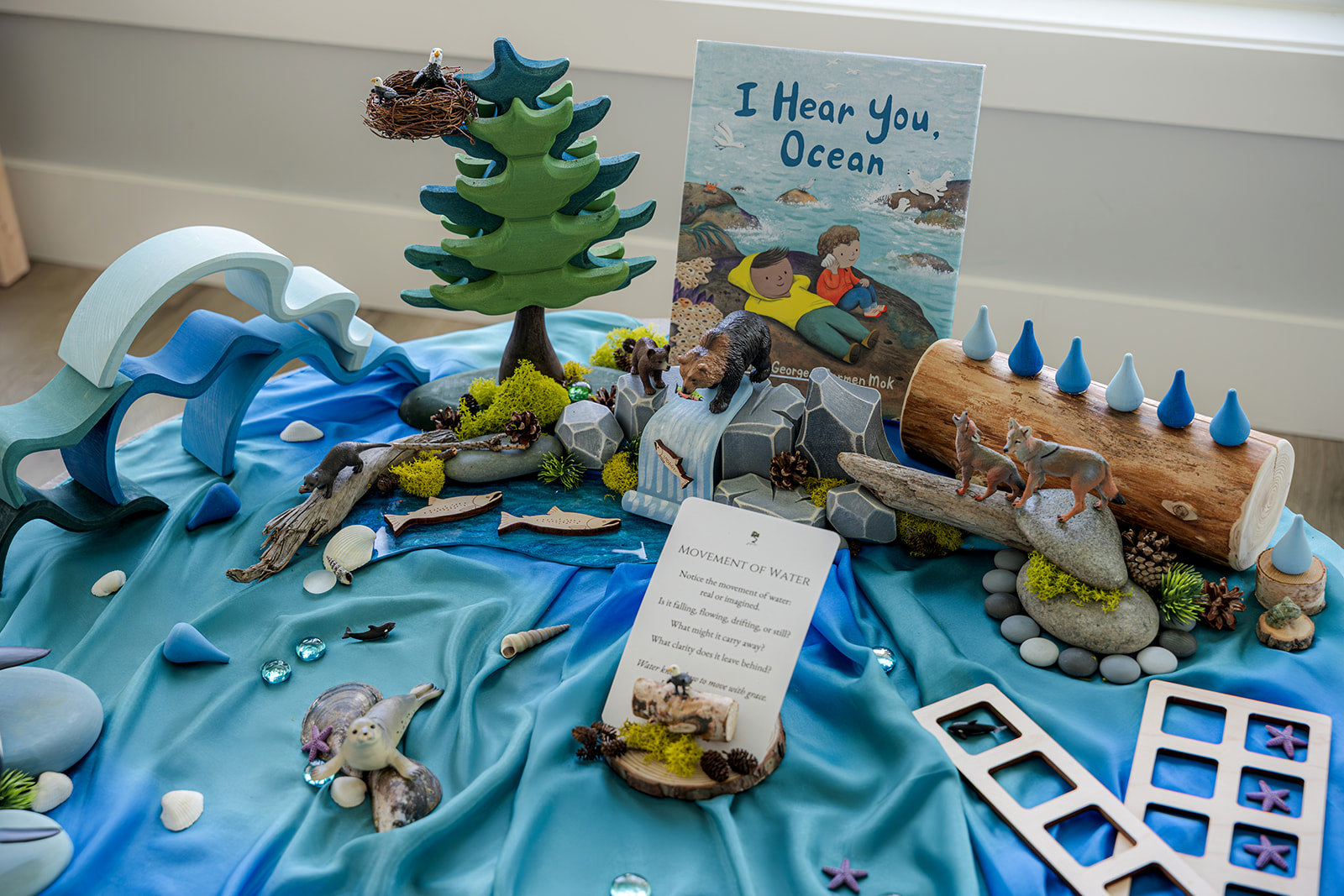 Ocean Invitation to Play learning collection showing full set of materials including wooden waves, figures, storytelling book, and hands-on resources for land-based learning in early years classrooms