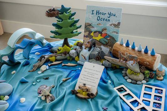 Ocean Invitation to Play learning collection showing full set of materials including wooden waves, figures, storytelling book, and hands-on resources for land-based learning in early years classrooms